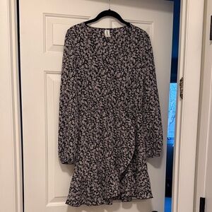 Abound Black Long-Sleeve Floral Wrap Dress with Pink Blossoms